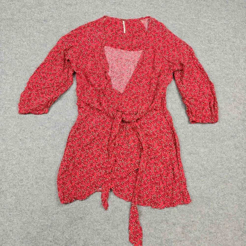 Free People Dress Womens Large Red‎ Floral Wrap Ruffle Mini V Neck Puff Sleeve